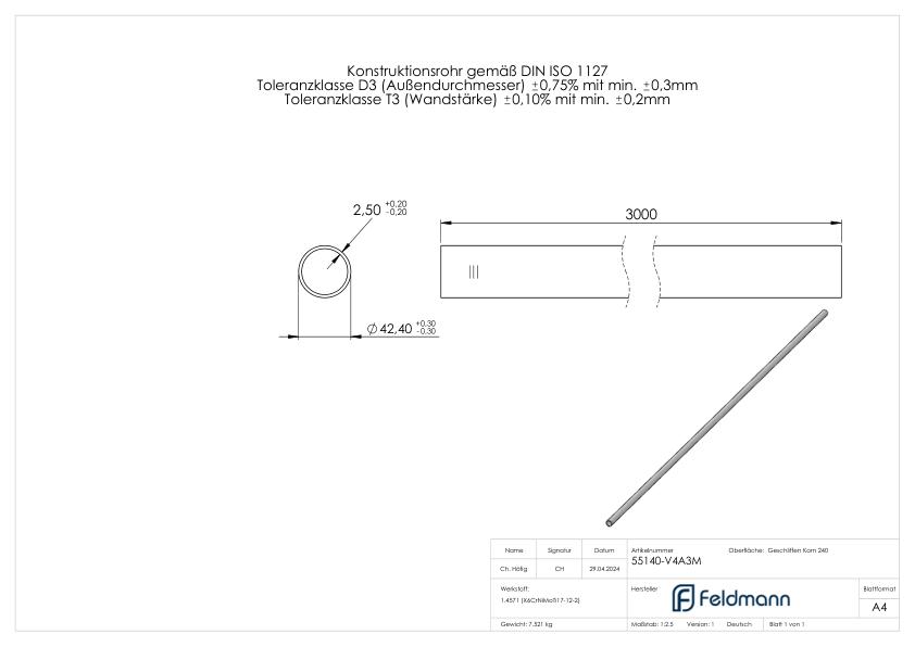 Edelstahlrohr, 42,4x2,5mm, L: 3000mm, V4A