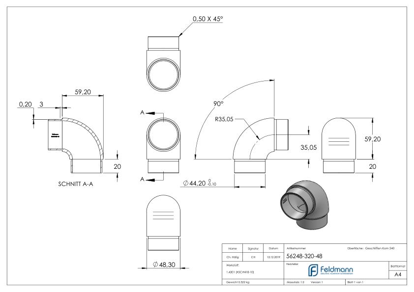 Rohrbogen 90° eng, für Rohr 48,3x2,0mm, V2A