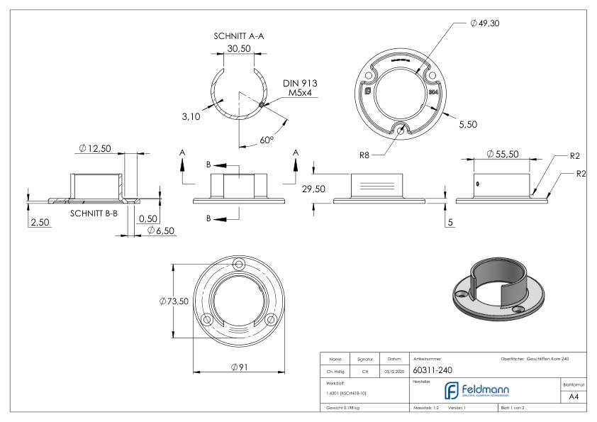 Wandbefestigung für Nutrohr 48,3mm, V2A Wandbefestigung für Nutrohr 48,3mm, V2A