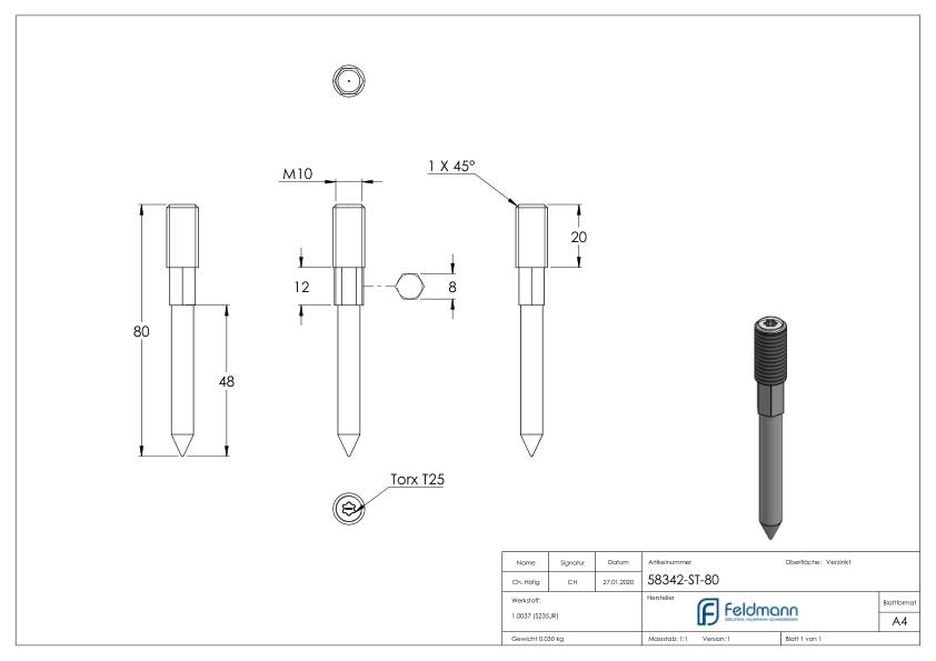 Stockschraube M10x80mm, Stahl verzinkt