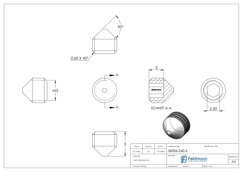 Gewindestift M5x5, V2A, DIN 914 / ISO 4027