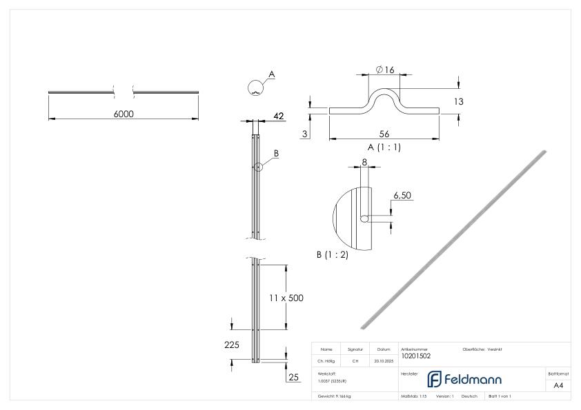Laufschiene 16mm, L: 6000mm zum Aufschrauben