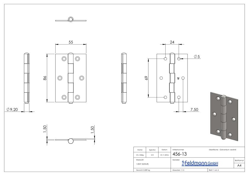 Scharnier 86x55mm mit herausnehmbaren Zapfen