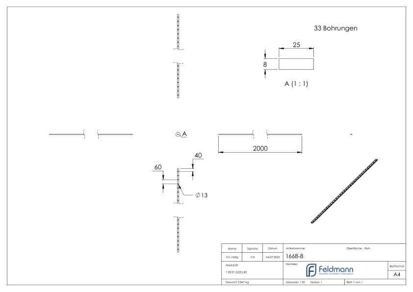 Lochleiste S235JR, 25x8mm, Lochabstand 60mm, 2000mm