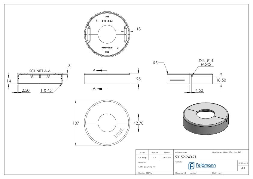 Abdeckrosette 105x25mm, Bohrung 43mm, zweiteilig, V2A Abdeckrosette 105x25mm, Bohrung 43mm, zweiteilig, V2A
