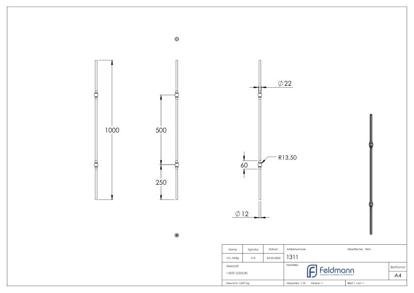 Stab Ø 12mm glatt, H: 1000mm