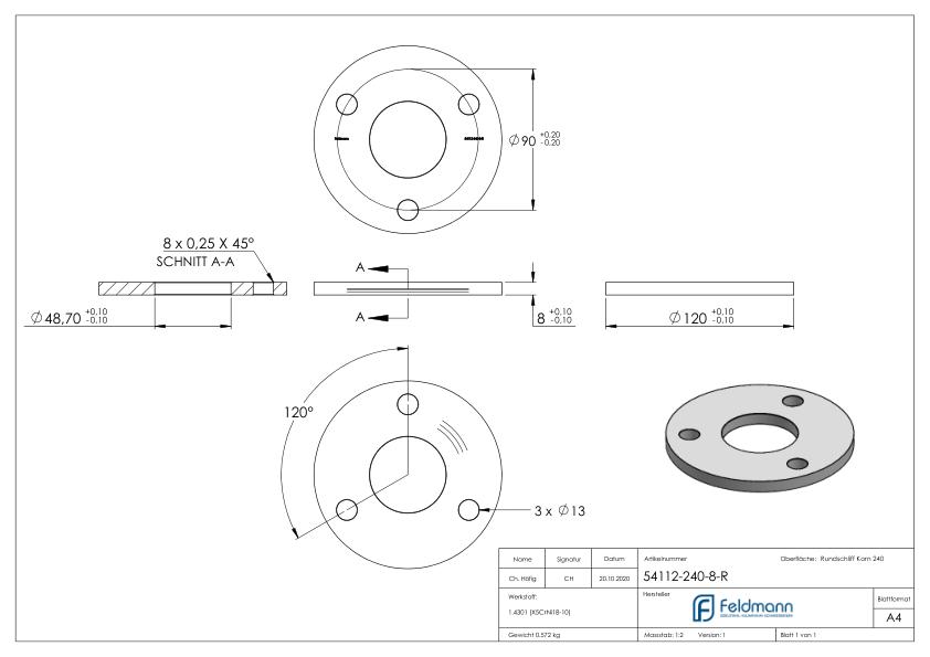 Ankerplatte Ø 120x8mm, mit Rundschliff, V2A