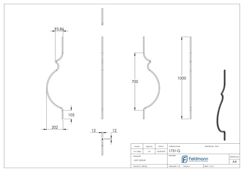 Korbgitterstab 12x12mm, glatt, H: 1000mm