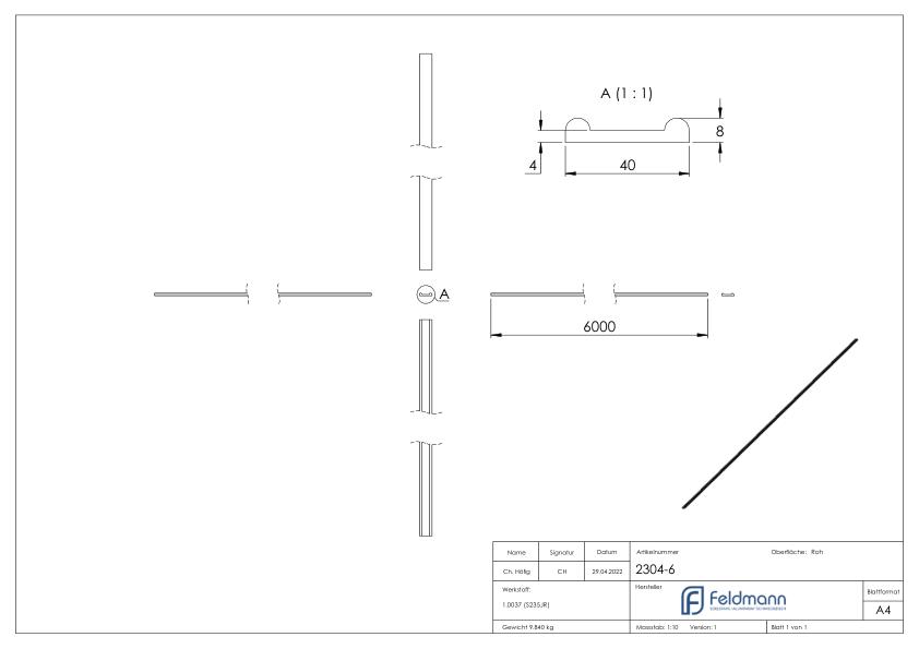 Hespeneisen S235JR, 40x8x4mm, L: 6000mm
