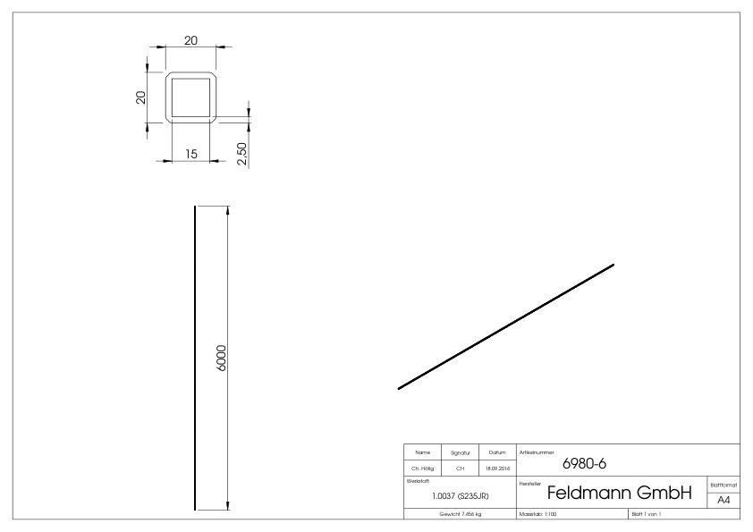 Quadratrohr 20x20x2,0mm, L: 6000mm, gehämmert