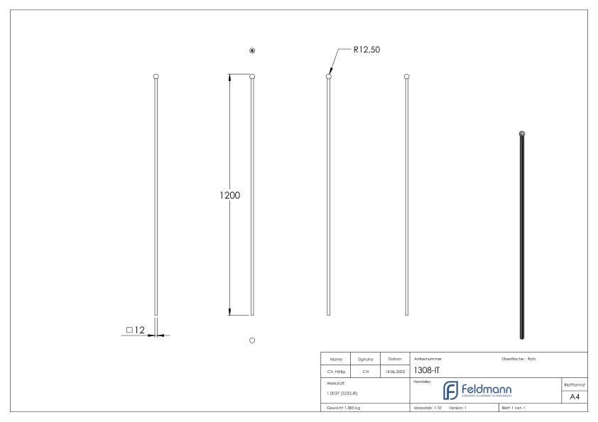 Zaunstab 12x12mm, H: 1200mm, Kugel 25mm