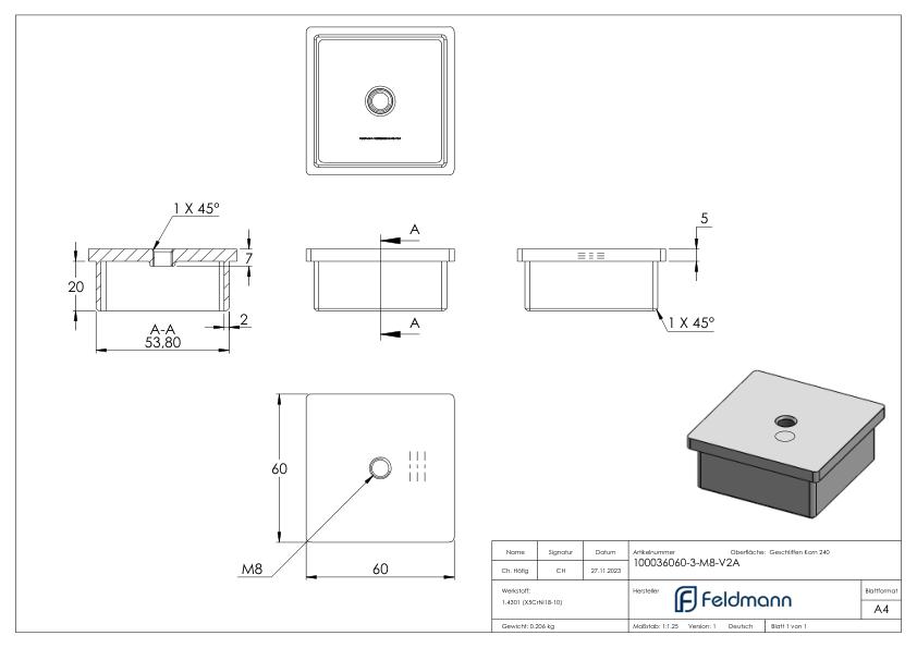 Einsteckkappe, für Rohr 60x60x3,0mm, V2A