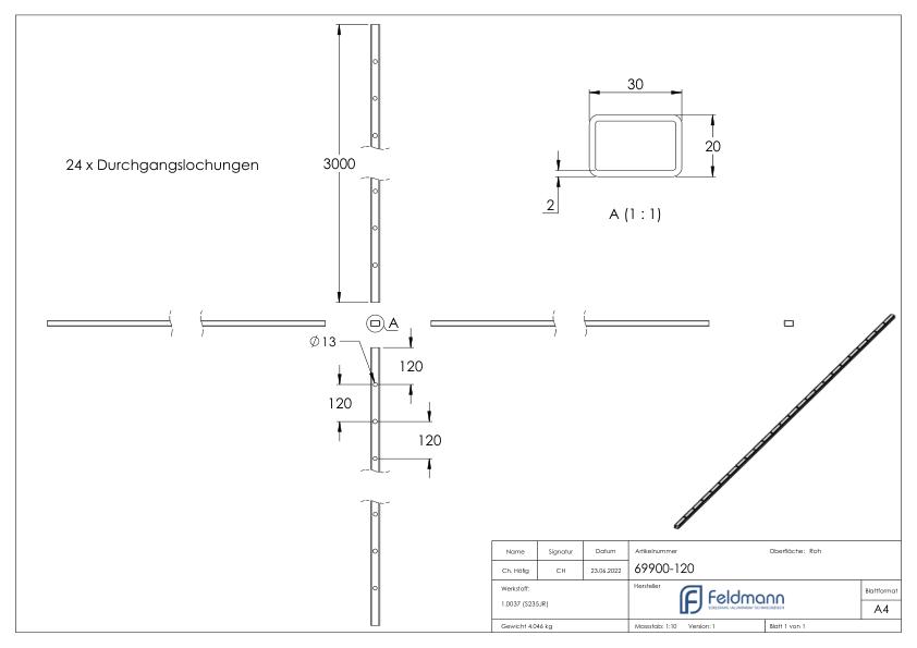 Rechteckrohr S235JR, 30x20x2mm, Löcher für Ø 13mm mit Abstand Mitte-Mitte 120mm, L: 3000mm Rechteckrohr S235JR, 30x20x2mm, Löcher für Ø 13mm mit Abstand Mitte-Mitte 120mm, L: 3000mm
