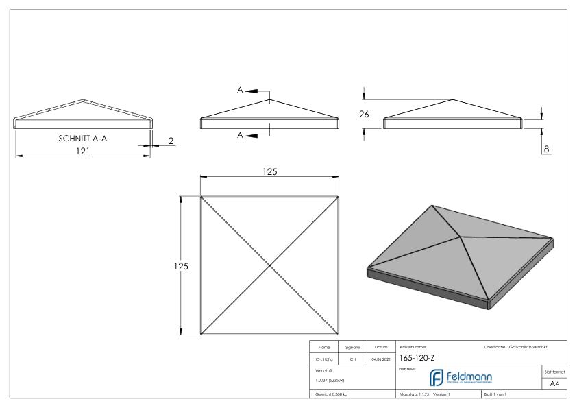 Pfeilerbedecker für Rohr 120 x120mm, verzinkt