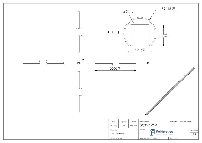 Nutrohr 48,3x1,5 mm, L: 3000mm, V2A Nutrohr 48,3x1,5 mm, L: 3000mm, V2A