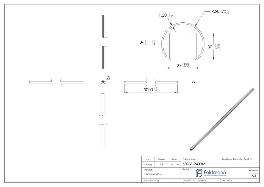 Nutrohr 48,3x1,5 mm, L: 3000mm, V2A