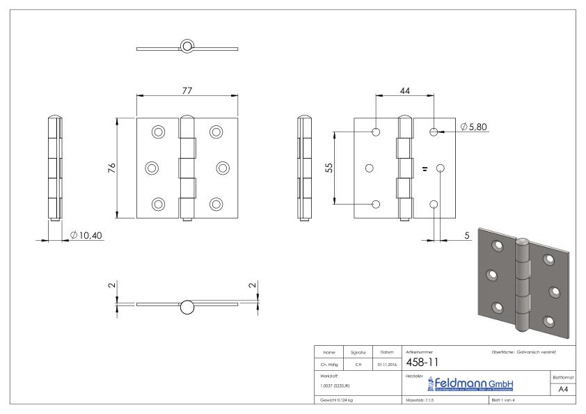Scharnier 75x75mm mit herausnehmbaren Zapfen