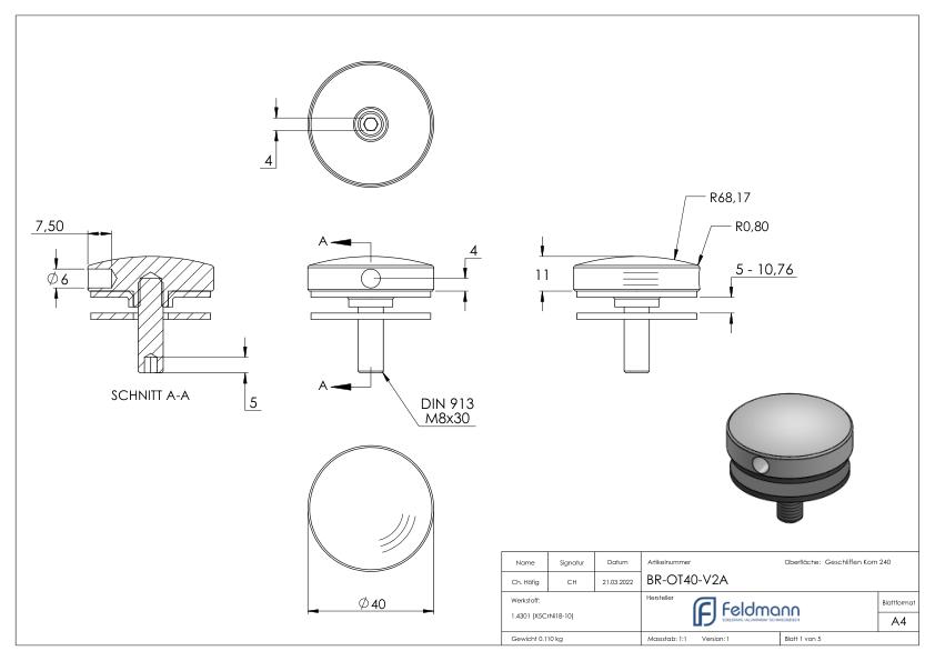 Glaspunkthalter Ø 40mm, passend zu Brenk-Halter, V2A