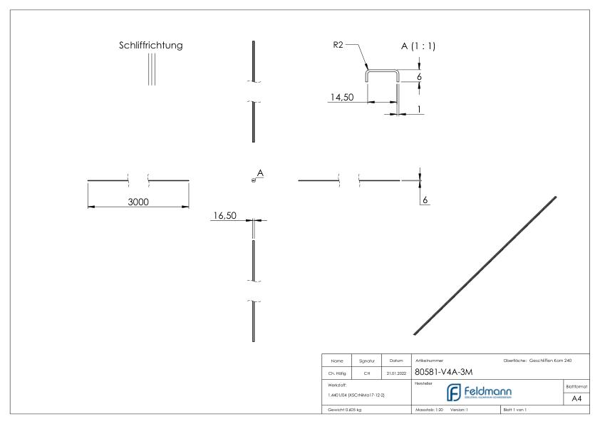 Kantenschutz EXTRA SLIM, für Glas 12,00 - 13,52mm, L: 3000mm, Edelstahl V4A