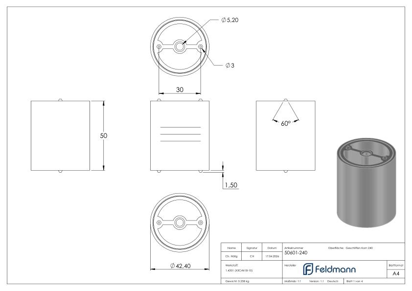 Verbinder für 42,4mm Holzhandlauf, V2A