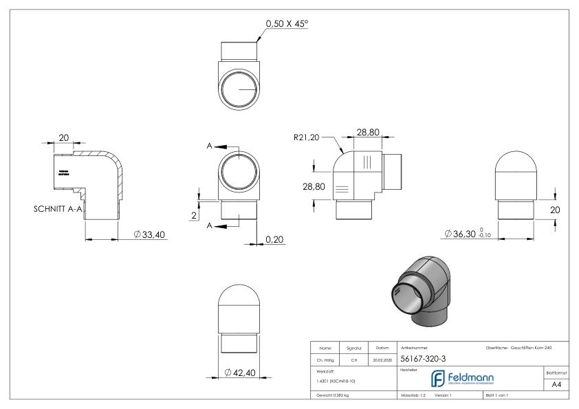 Rohrbogen 90° eng, für Rohr 42,4x3mm, V2A