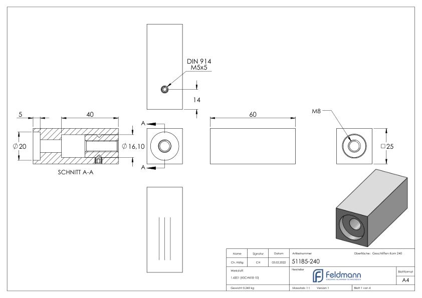 Rohrabstandshalter eckig 25x25mm - für gerade Flächen, V2A