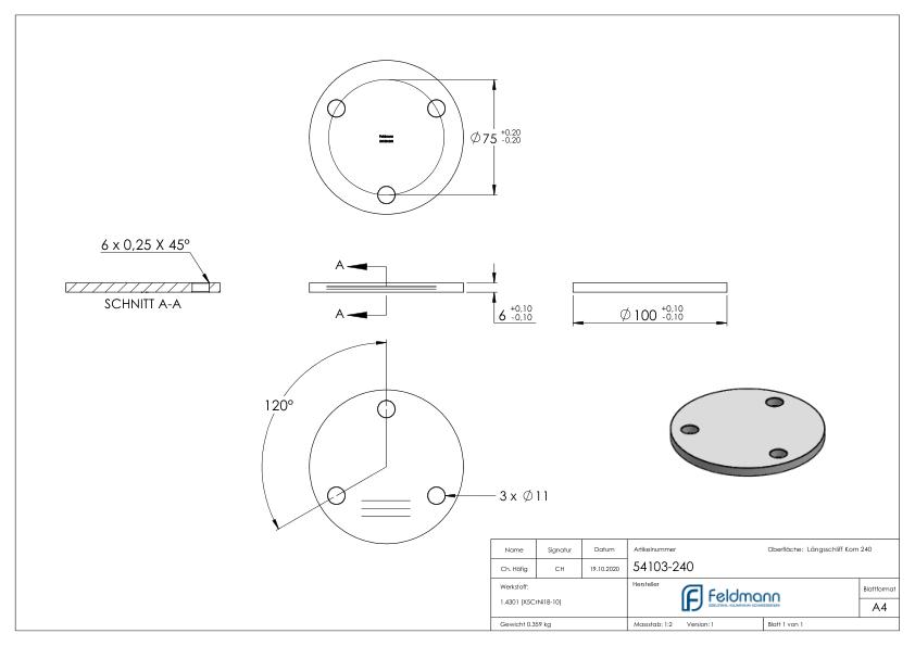 Ankerplatte Ø 100x6mm, mit Längsschliff, V2A