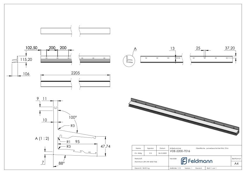 Vordachprofil eleganza canopy, L: 2205mm, RAL7016 Vordachprofil eleganza canopy, L: 2205mm, RAL7016