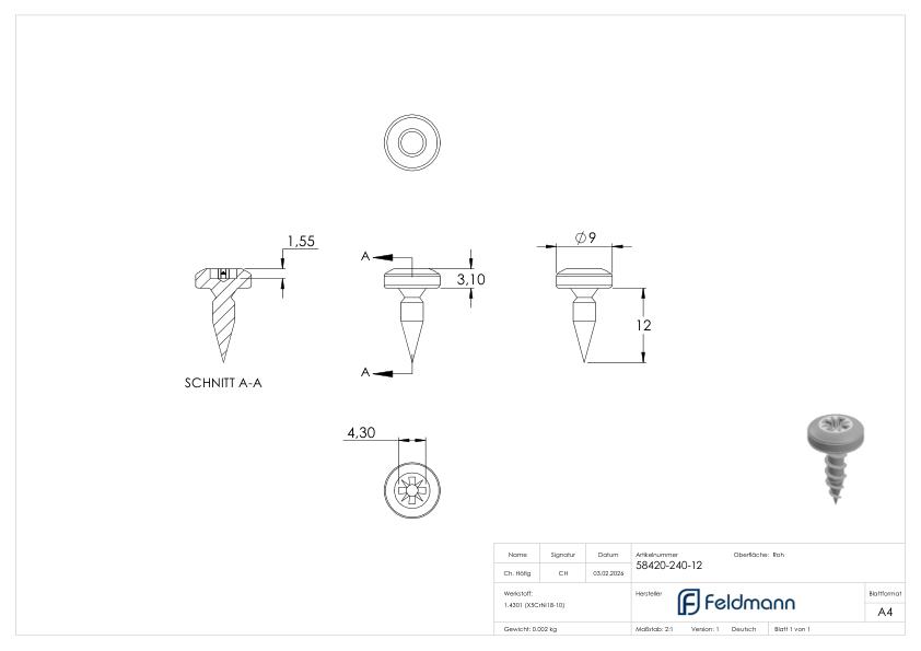 SPAX-Holzschraube 4x12mm, Halbrundkopf, Vollgewinde, einzeln