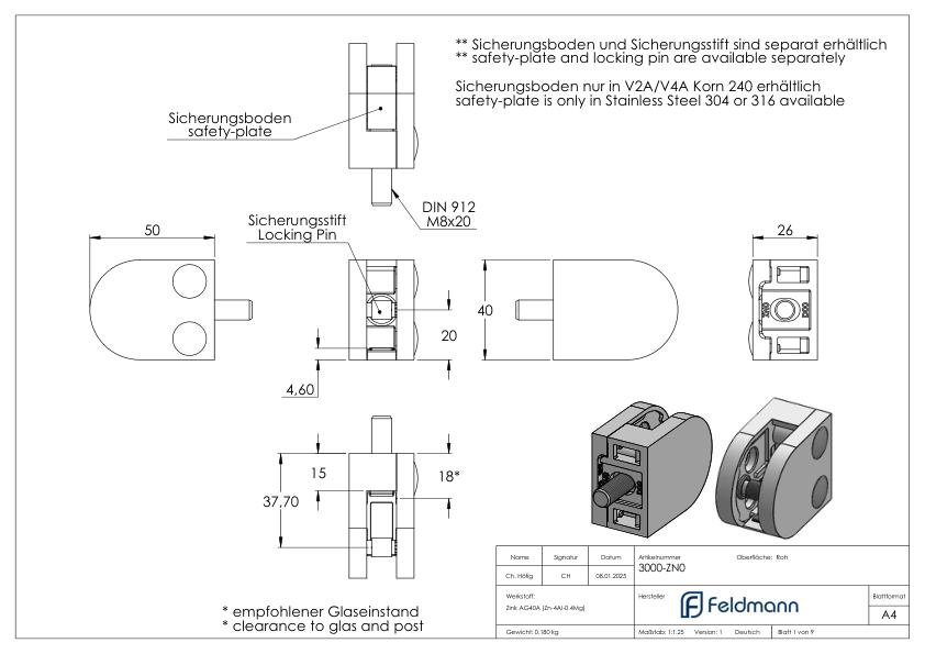 Glasklemme Mod. 30, Anschluss: gerade, Zink roh
