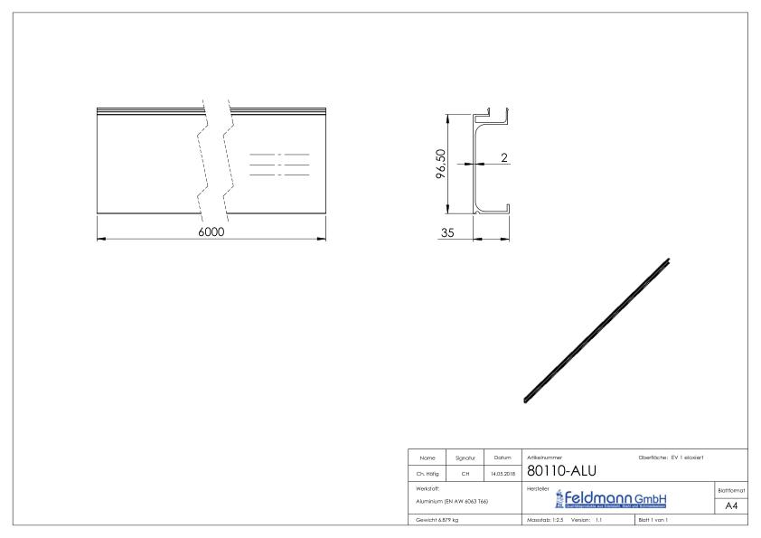 Abdeckung für Alu-Profil 80100-ALU, L:6m