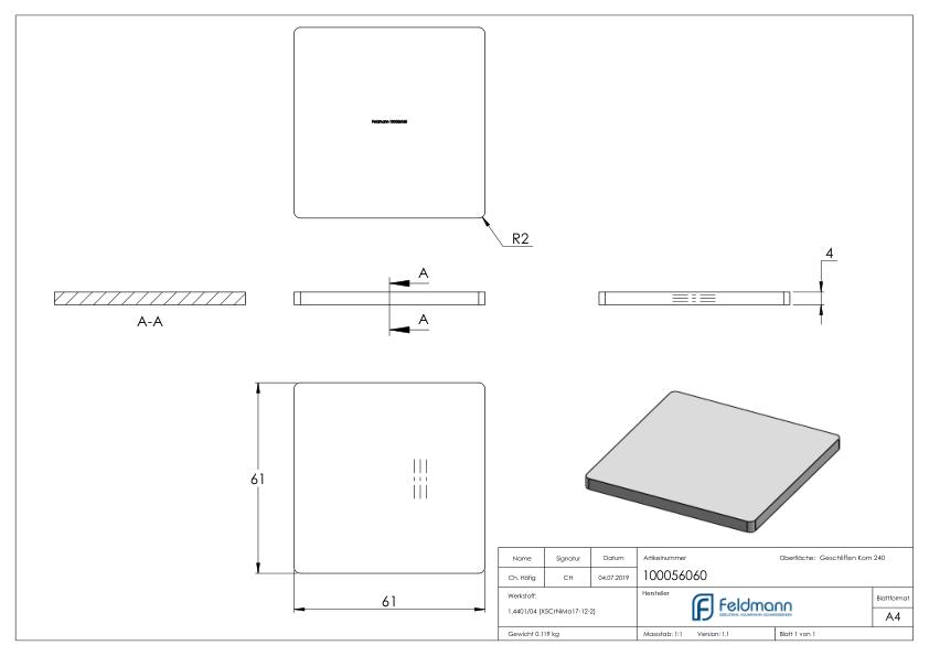 Flachkappe für Quadratrohr 60x60, V4A