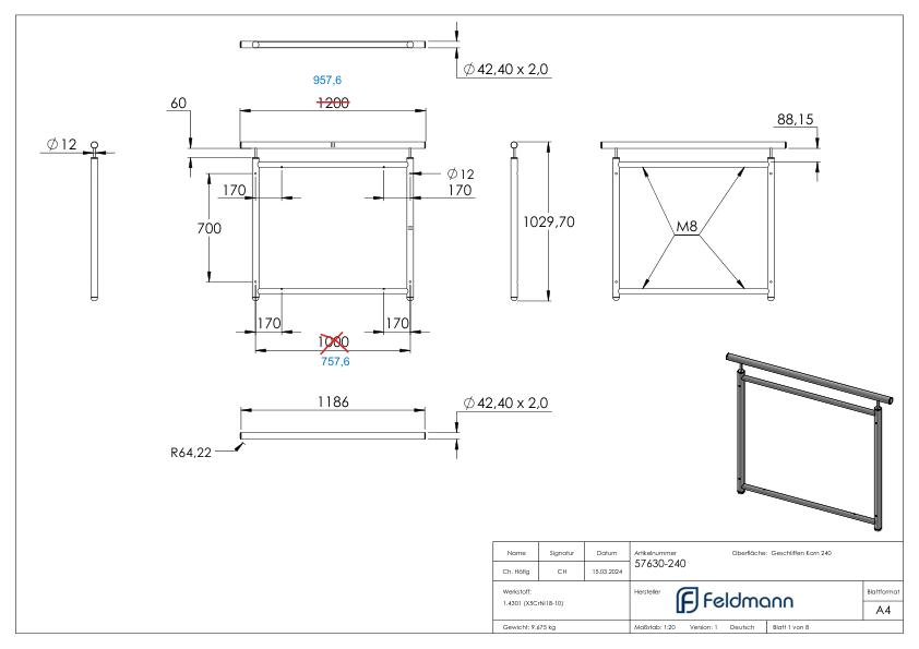 Französisches Balkongitter, gerade, Breite 1,0m, V2A