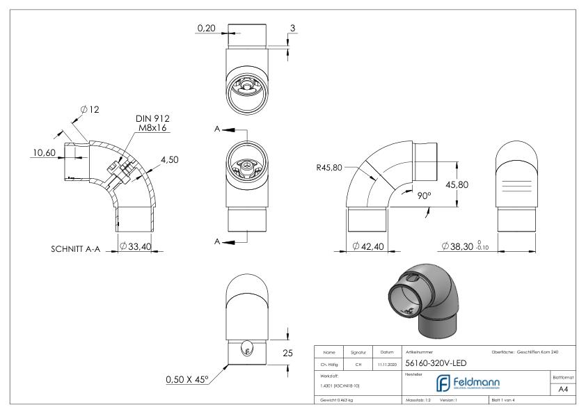 Rohrbogen verstellbar, hohl für Kabeldurchführung, für 42,4x2,0mm, V2A