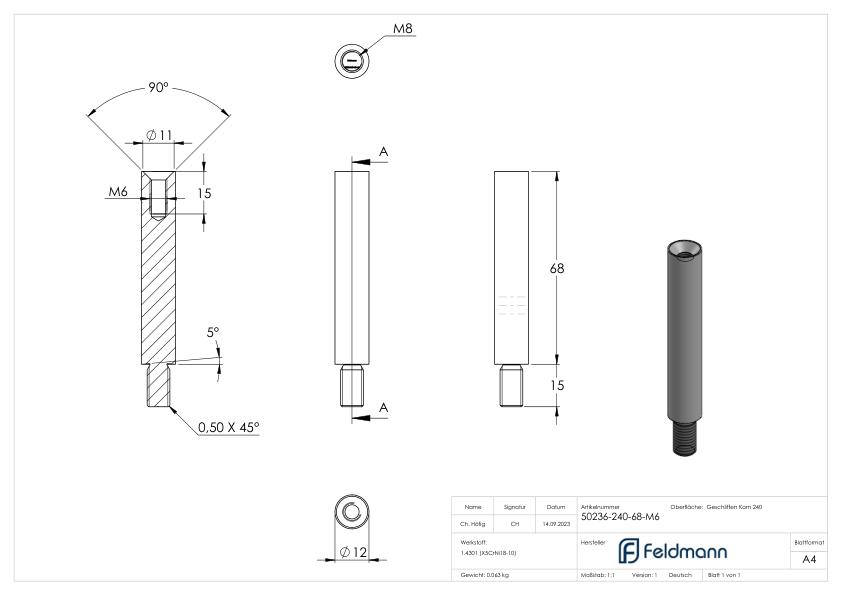 Stift Ø 12mm, L: 68mm, V2A Stift Ø 12mm, L: 68mm, V2A