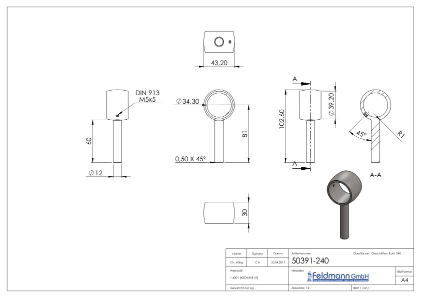 Handlaufhalterring für Rohr 33,7mm, V2A