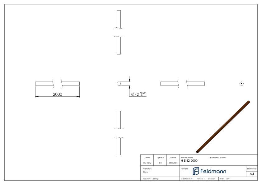 Holzhandlauf Eiche, Ø 42,4mm, L: 2000mm