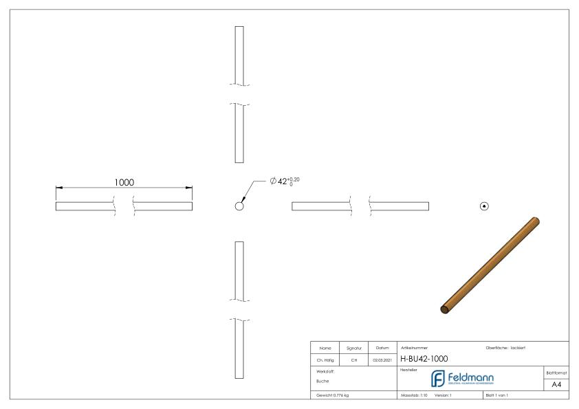 Holzhandlauf Buche, Ø42mm, L: 1000mm Holzhandlauf Buche, Ø42mm, L: 1000mm