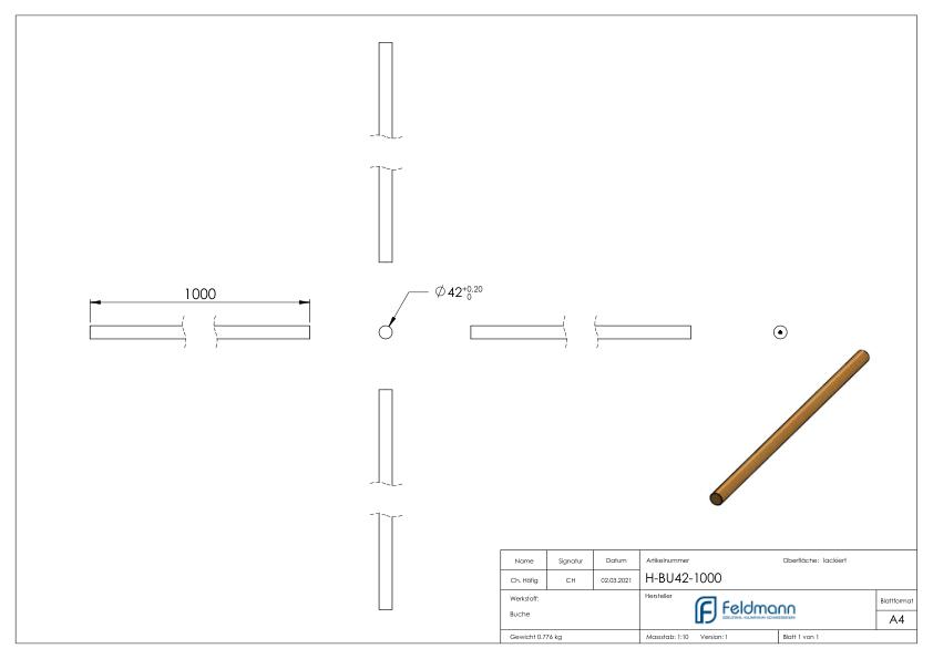 Holzhandlauf Buche, Ø42mm, L: 1000mm