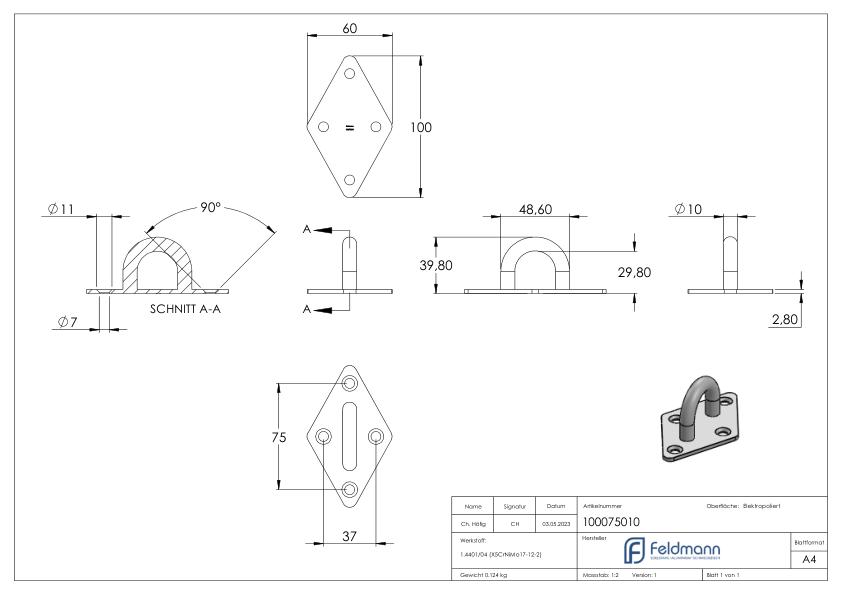 Befestigungsöse mit quadr. Platte V4A