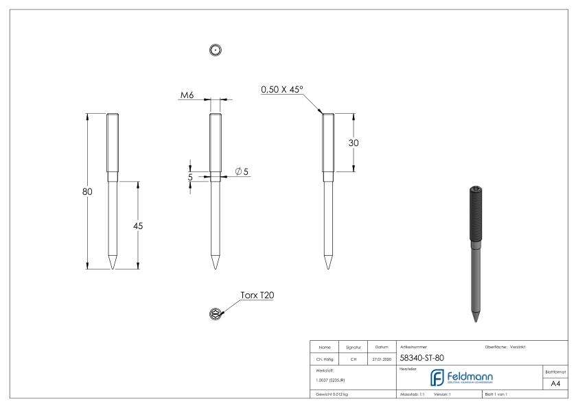 Stockschraube M6x80mm, Stahl verzinkt