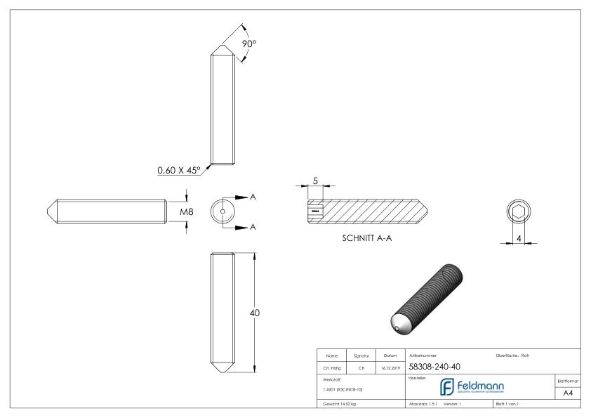 Gewindestift M8x40, V2A, DIN 914 / ISO 4027 Gewindestift M8x40, V2A, DIN 914 / ISO 4027