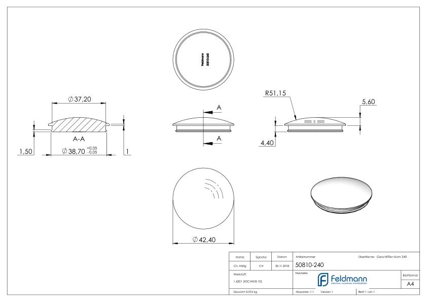 Rohrabschlussstopfen, für Rohr 42,4x2,0mm, V2A