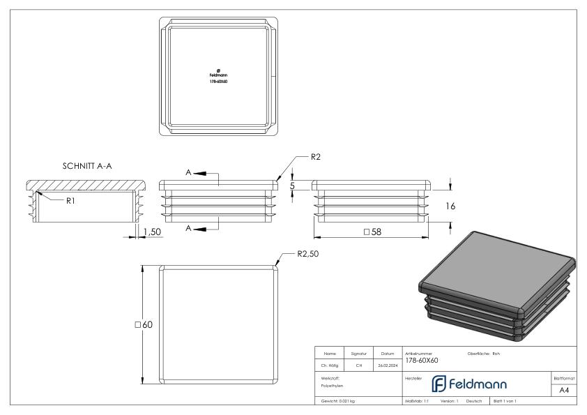Kunststoffkappe für Quadratrohr 60x60mm