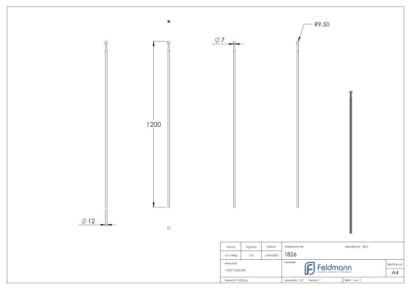Zaunstab Ø 12mm, H: 1200mm, Kugel 19mm