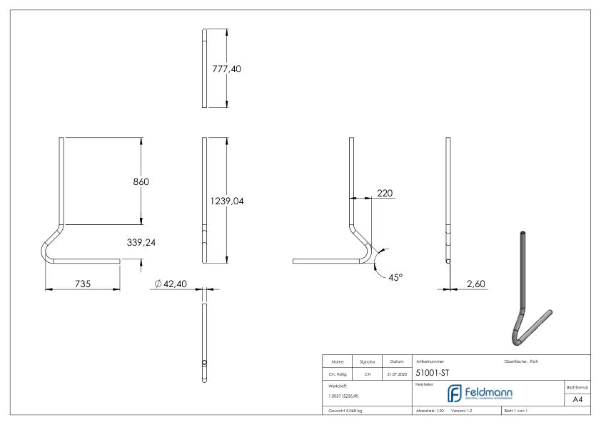 Pfosten gebogen aus Rundrohr 42,4 x 2,5mm, S235