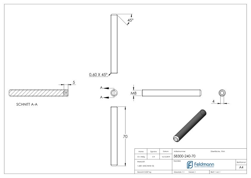 Gewindestift M8x70, V2A, DIN 913 / ISO 4026 Gewindestift M8x70, V2A, DIN 913 / ISO 4026