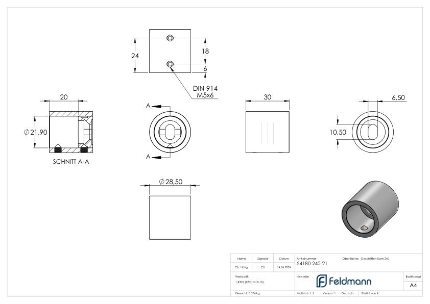 Wandbefestigung für Rohr 21,3mm, V2A Wandbefestigung für Rohr 21,3mm, V2A