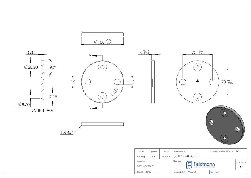 Ankerplatte, 100 x 8mm mit Fase, für Distanzhülse