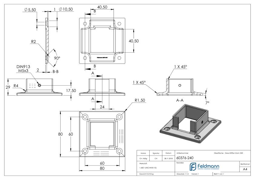 Wandbefestigung für Quadratnutrohr 40x40mm, V2A